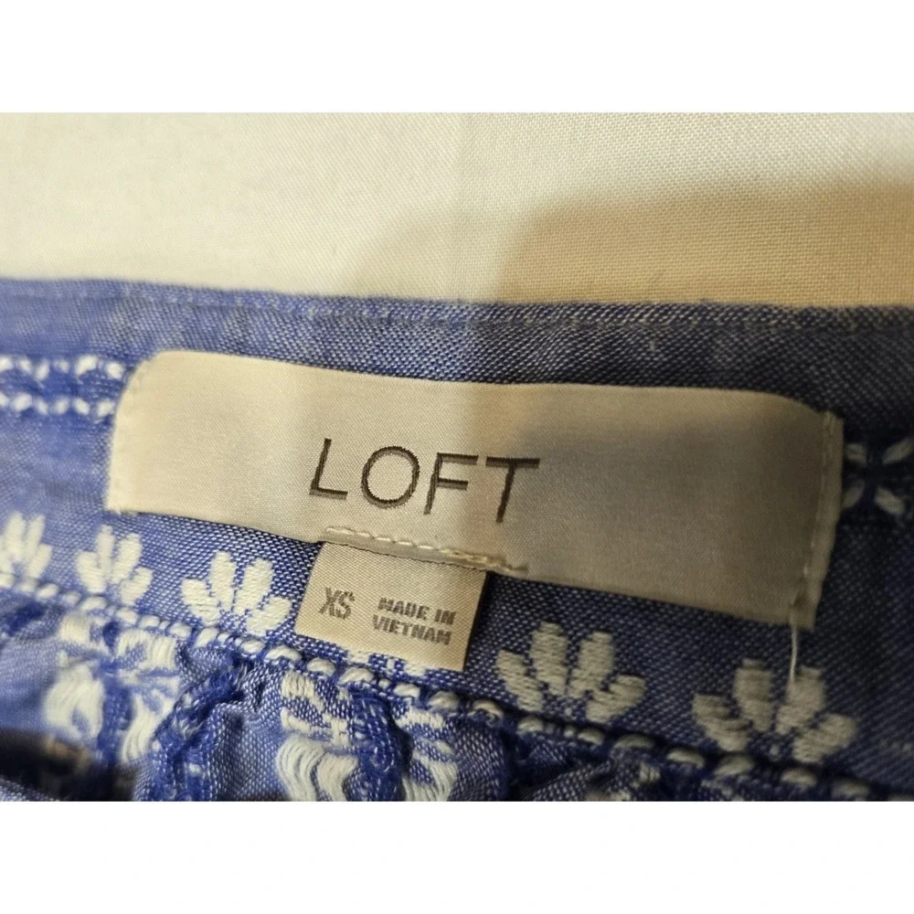 Loft Womens Jacquard Puff Sleeve Square Neck Embroidered Top XS Blue 100% Cotton